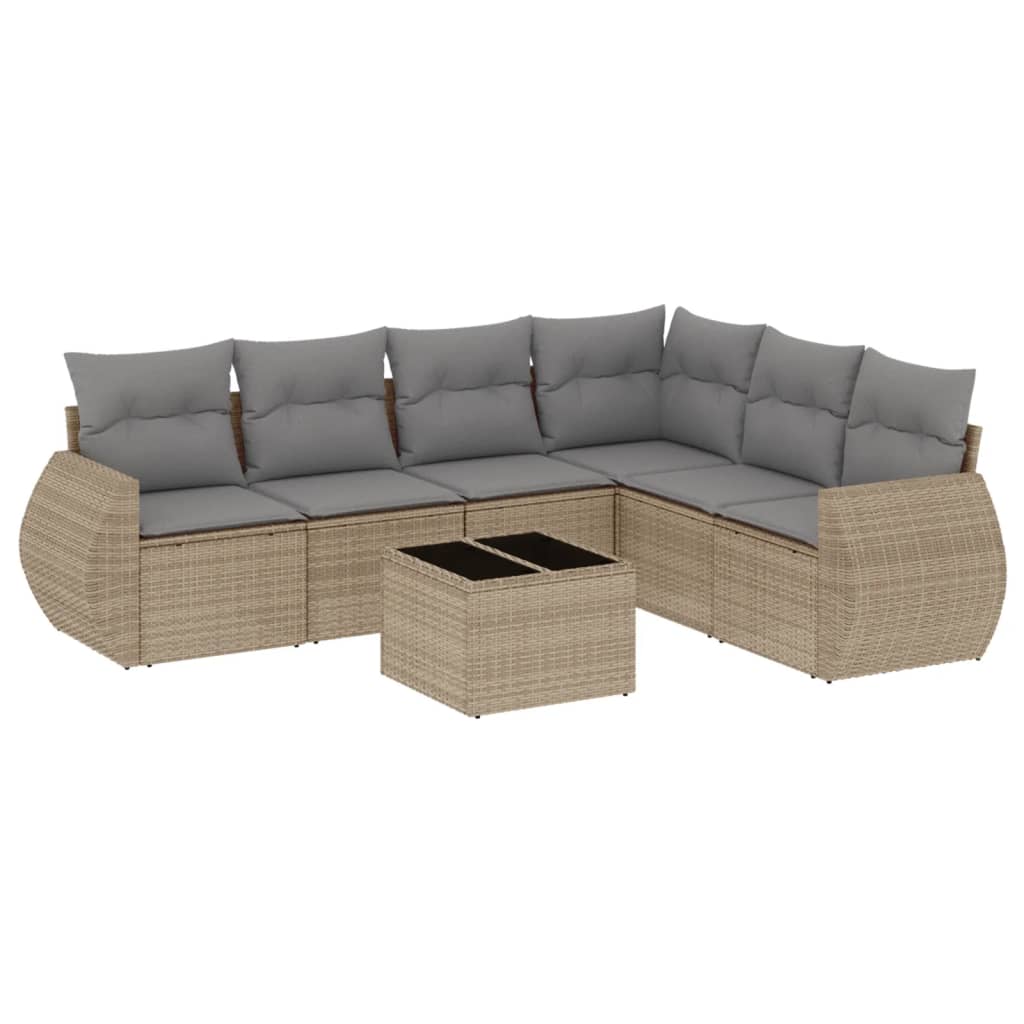 7 Piece Garden Sofa Set with Cushions Beige Poly Rattan