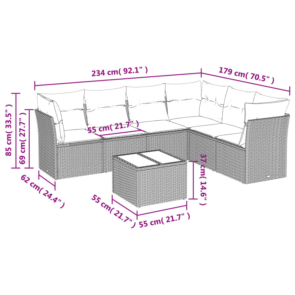 7 Piece Garden Sofa Set with Cushions Grey Poly Rattan