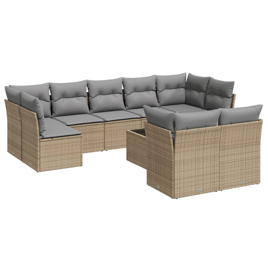 10 Piece Garden Sofa Set with Cushions Beige Poly Rattan