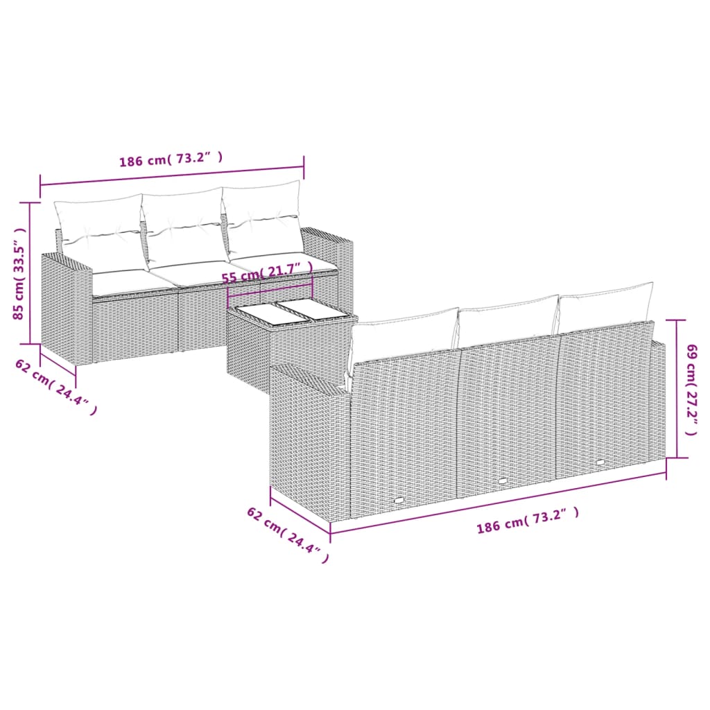 7 Piece Garden Sofa Set with Cushions Grey Poly Rattan