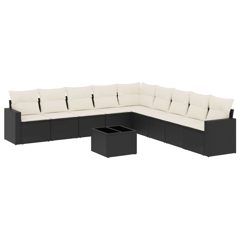 10 Piece Garden Sofa Set with Cushions Black Poly Rattan