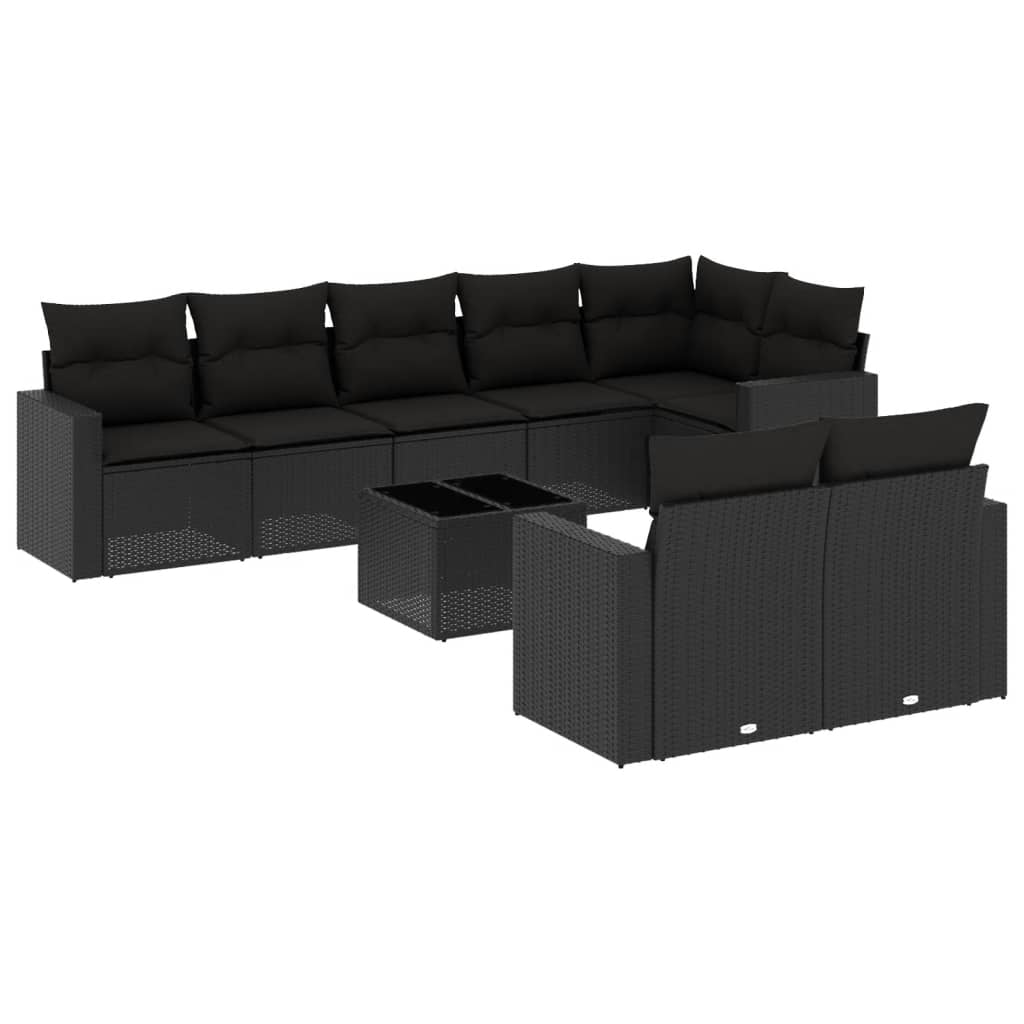 9 Piece Garden Sofa Set with Cushions Black Poly Rattan