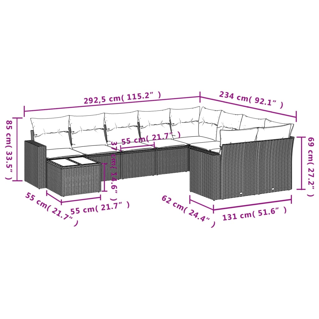 10 Piece Garden Sofa Set with Cushions Grey Poly Rattan
