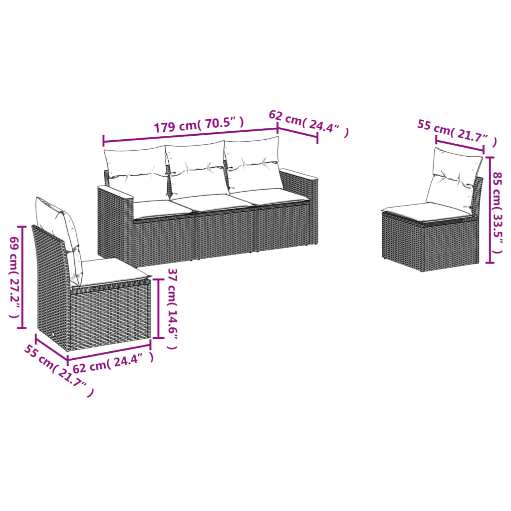 5 Piece Garden Sofa Set with Cushions Black Poly Rattan