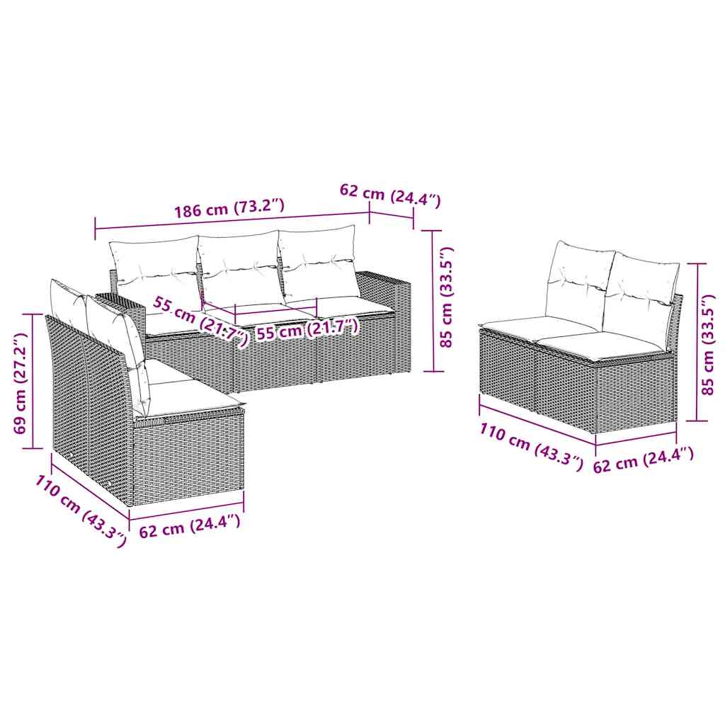 7 Piece Garden Sofa Set with Cushions Black Poly Rattan