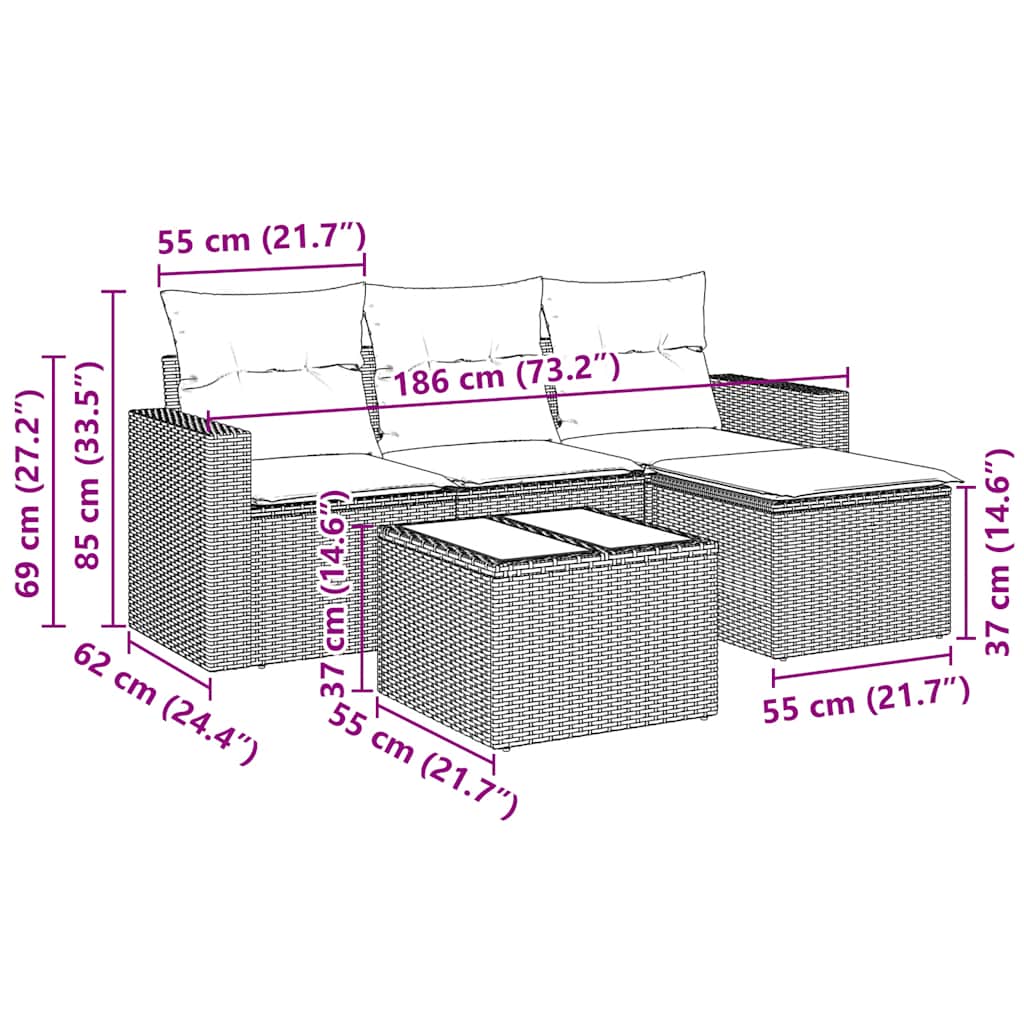 5 Piece Garden Sofa Set with Cushions Black Poly Rattan