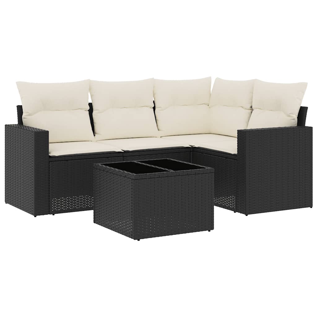 5 Piece Garden Sofa Set with Cushions Black Poly Rattan
