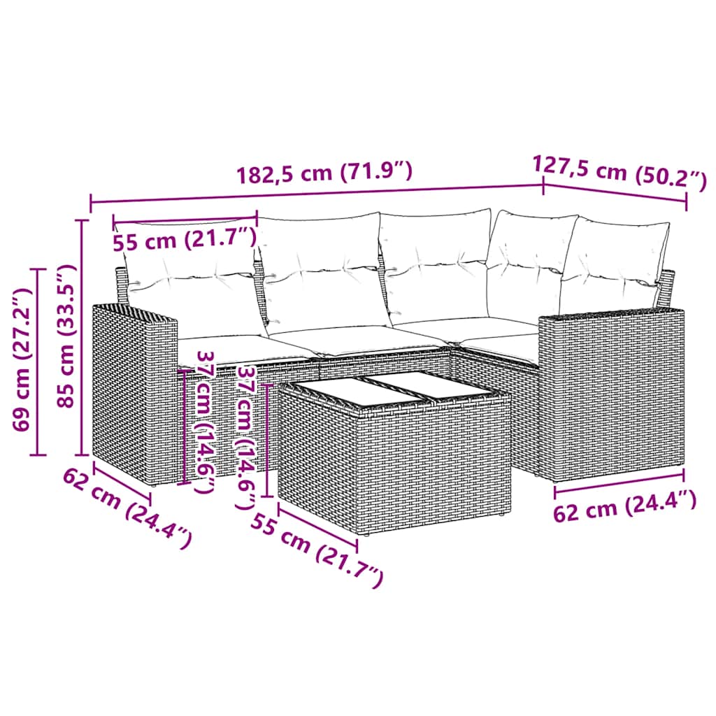 5 Piece Garden Sofa Set with Cushions Black Poly Rattan