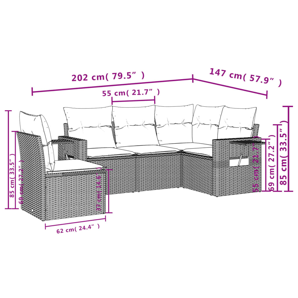 5 Piece Garden Sofa Set with Cushions Grey Poly Rattan