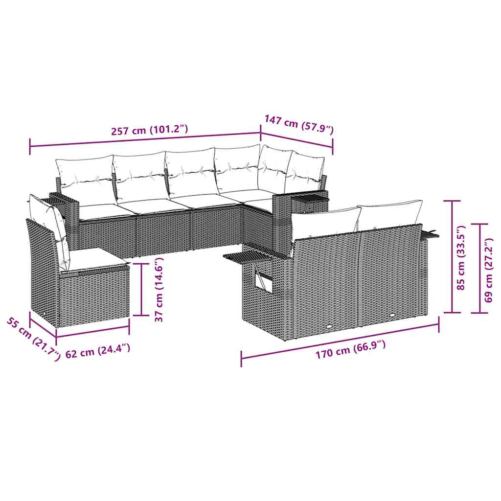 8 Piece Garden Sofa Set with Cushions Black Poly Rattan