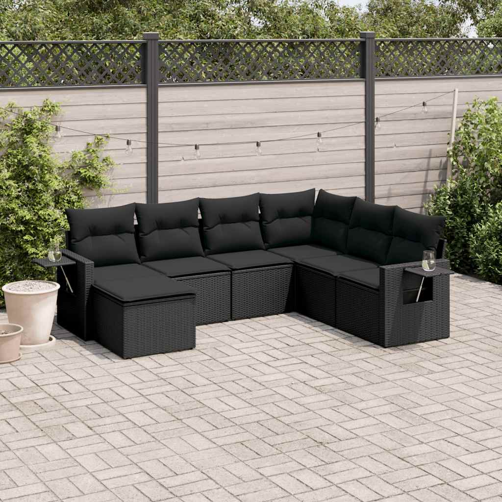 7 Piece Garden Sofa Set with Cushions Black Poly Rattan