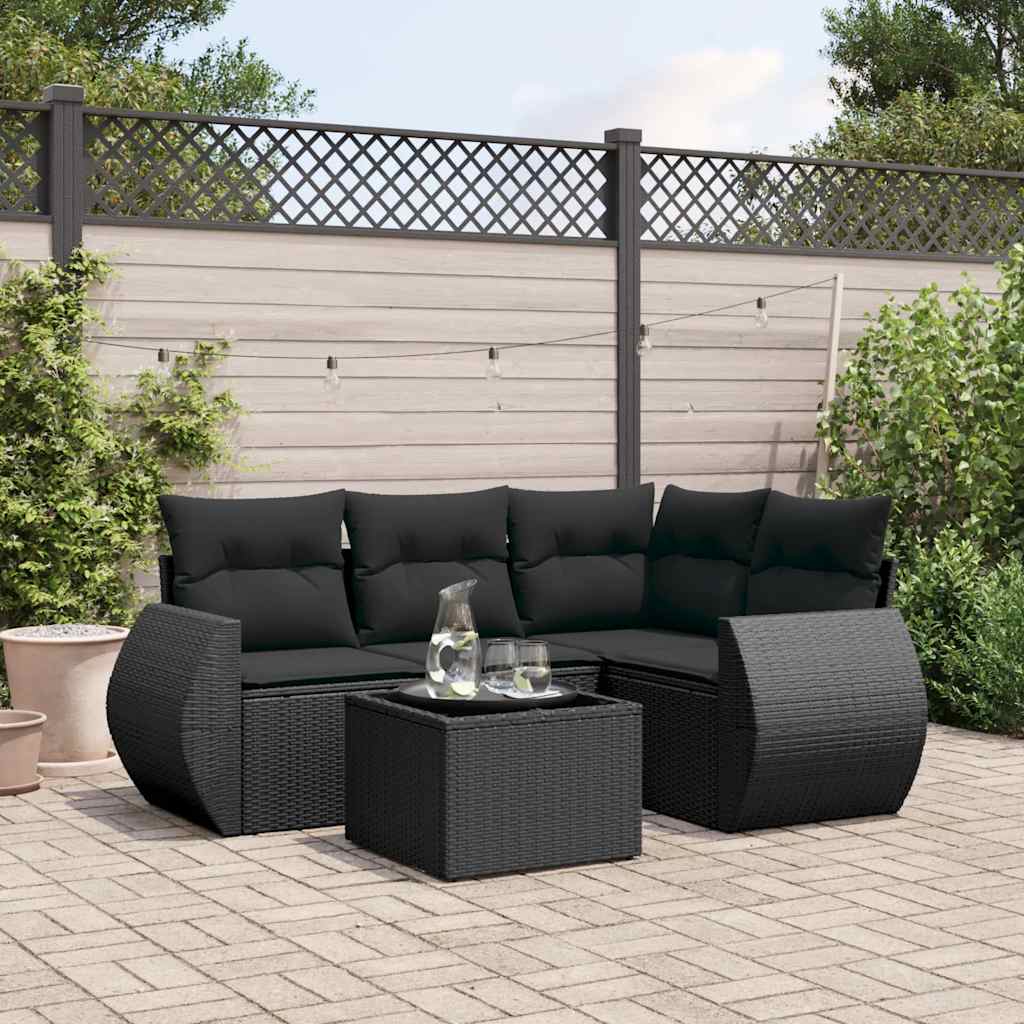 5 Piece Garden Sofa Set with Cushions Black Poly Rattan