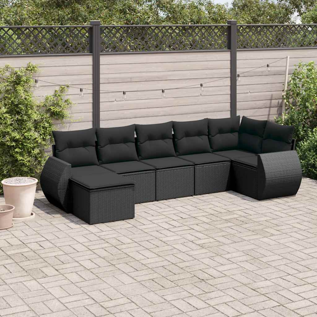 7 Piece Garden Sofa Set with Cushions Black Poly Rattan
