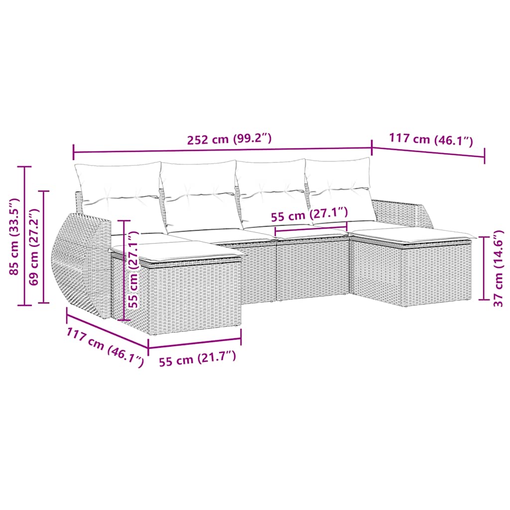 6 Piece Garden Sofa Set with Cushions Black Poly Rattan