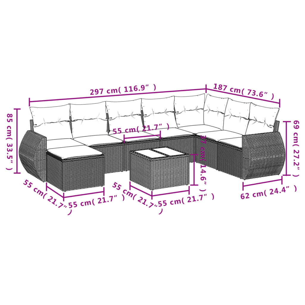 8 Piece Garden Sofa Set with Cushions Black Poly Rattan