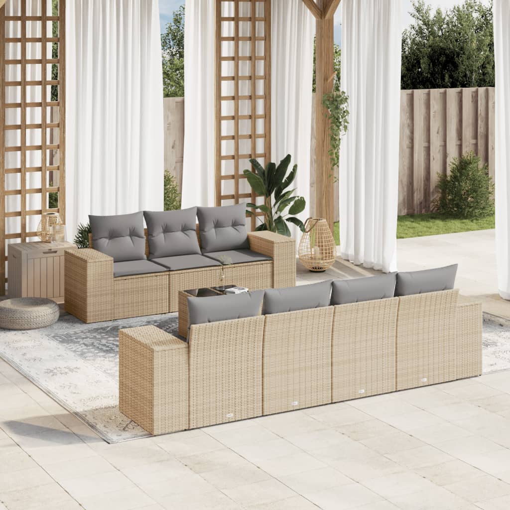 8 Piece Garden Sofa Set with Cushions Beige Poly Rattan