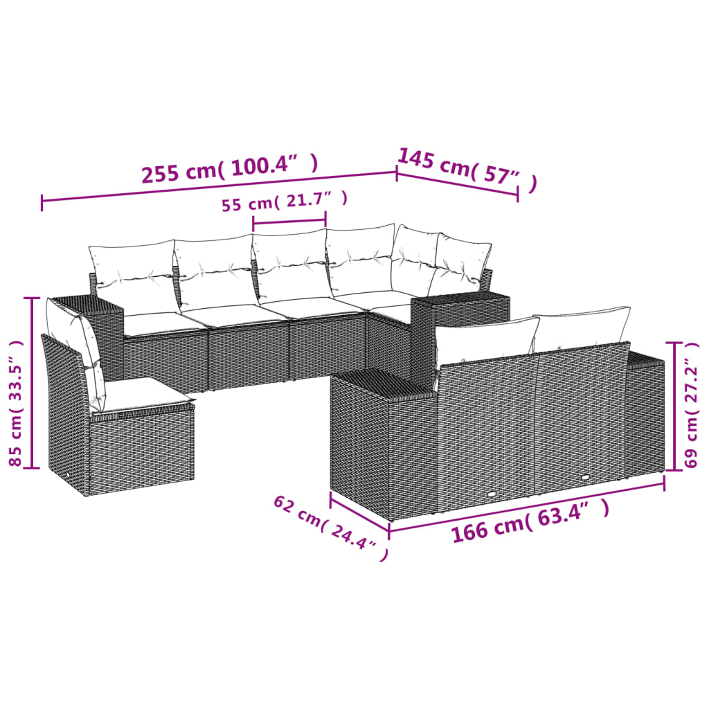 8 Piece Garden Sofa Set with Cushions Grey Poly Rattan