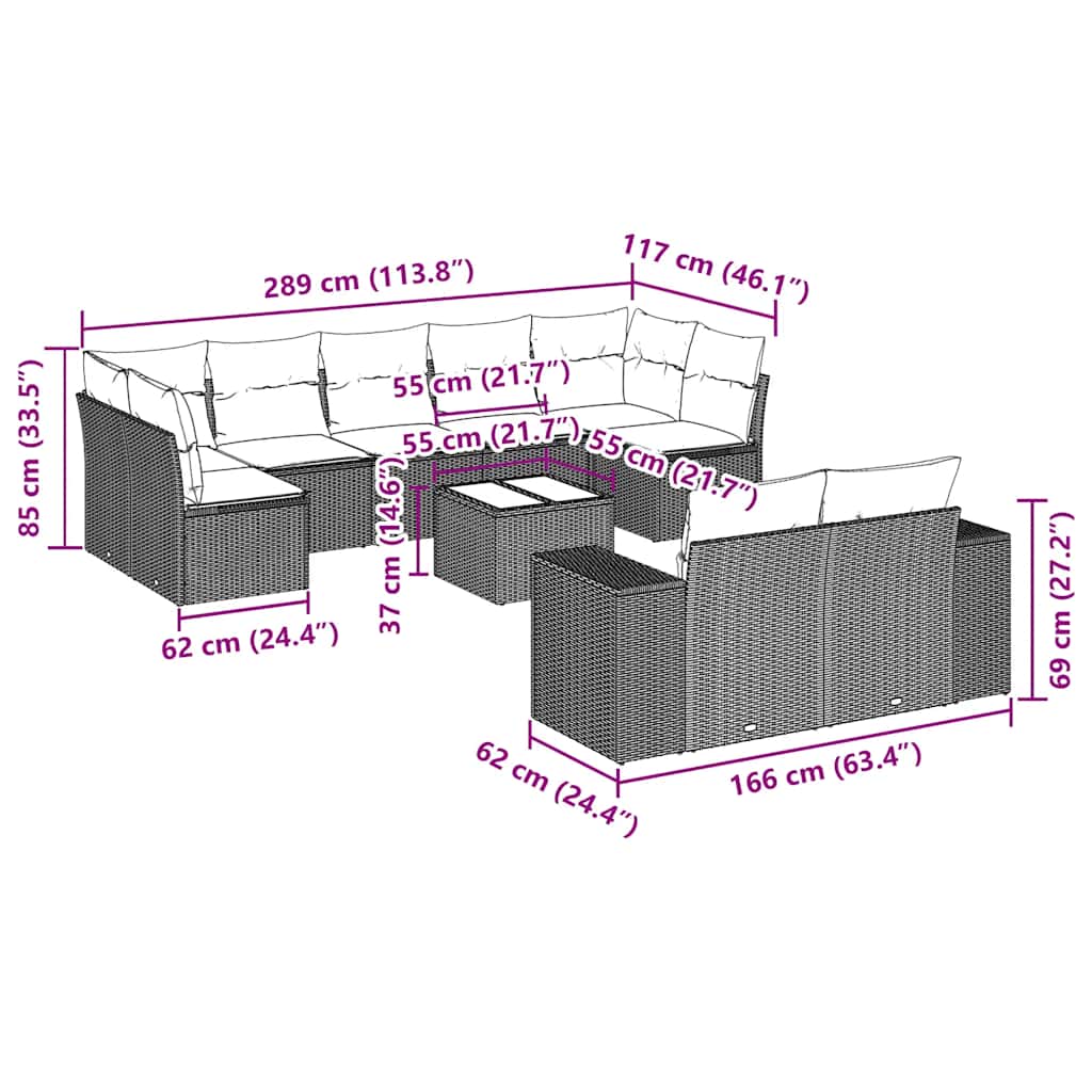 10 Piece Garden Sofa Set with Cushions Black Poly Rattan