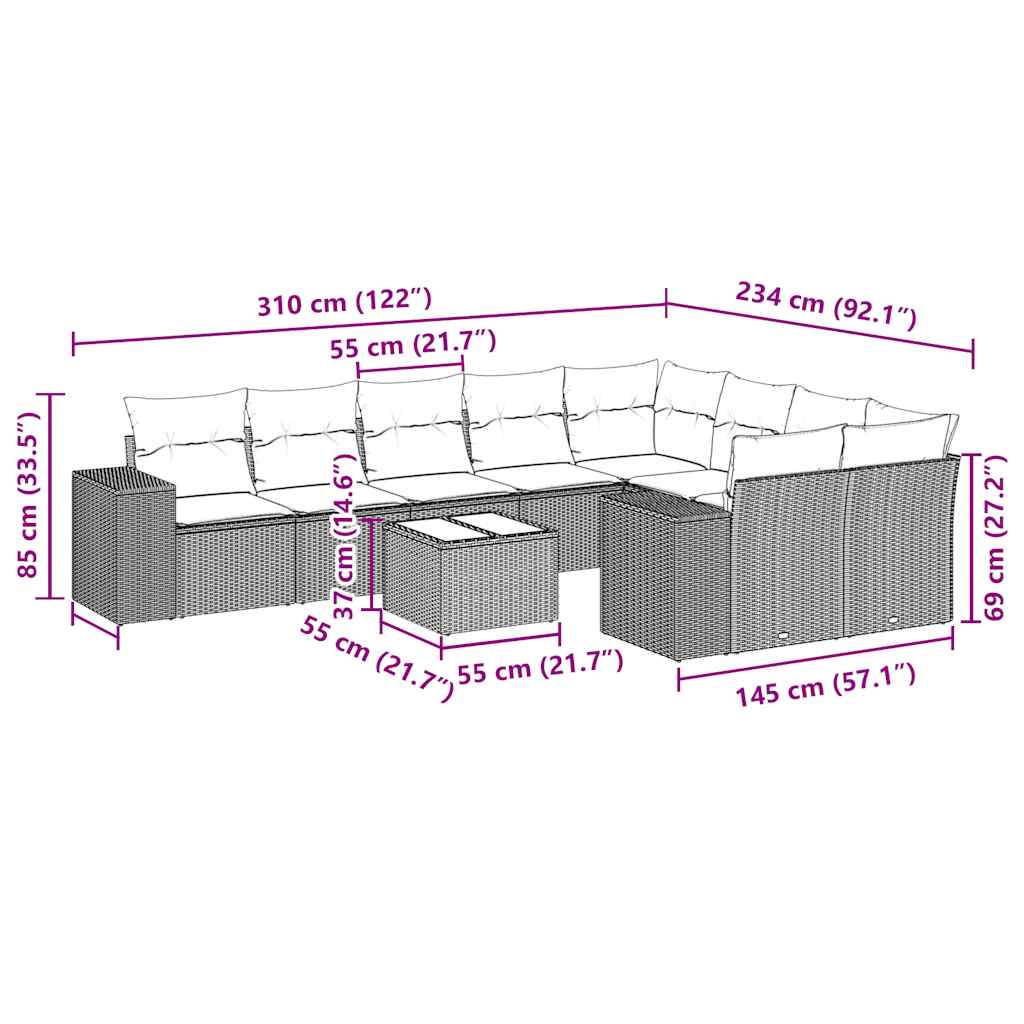 10 Piece Garden Sofa Set with Cushions Black Poly Rattan