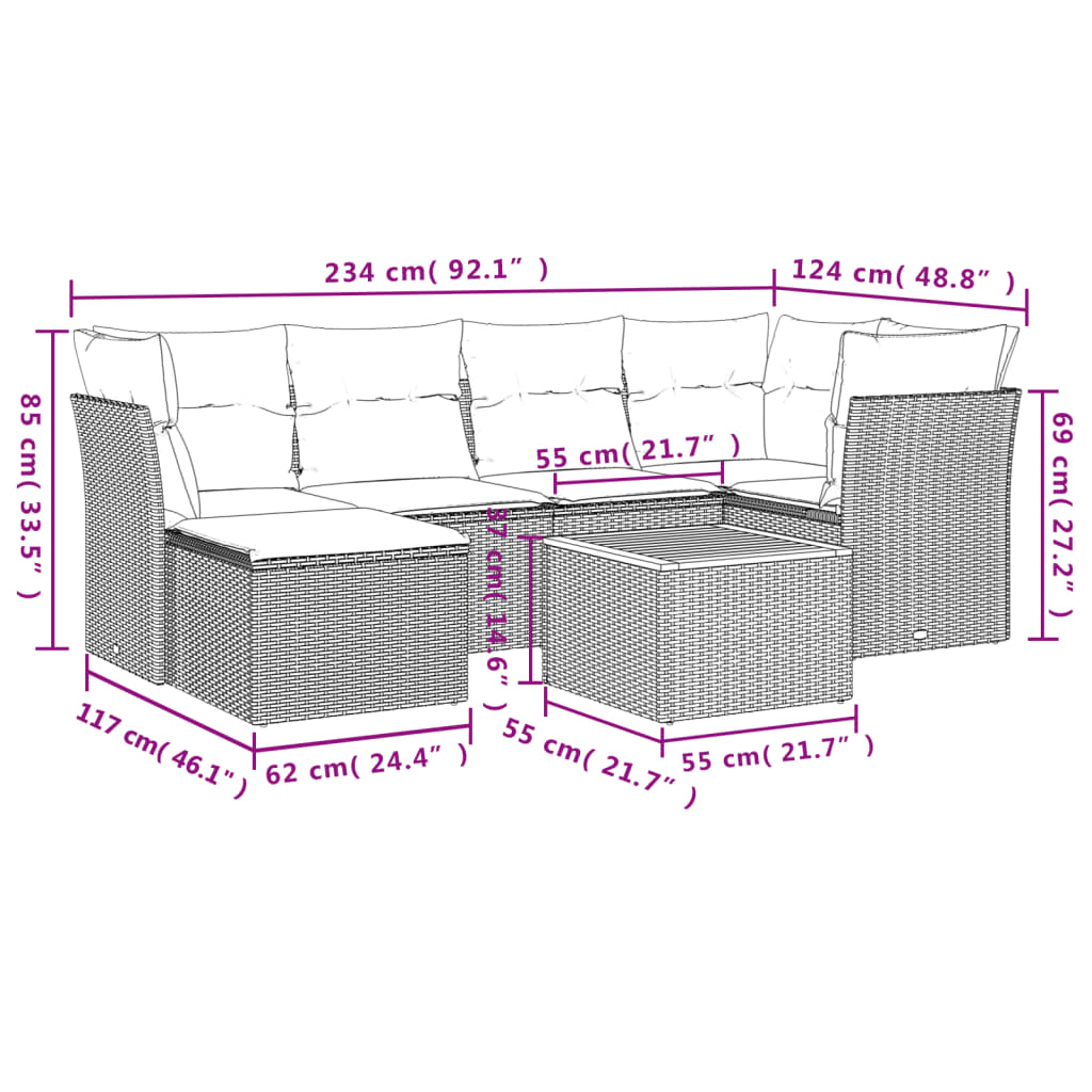 7 Piece Garden Sofa Set with Cushions Grey Poly Rattan