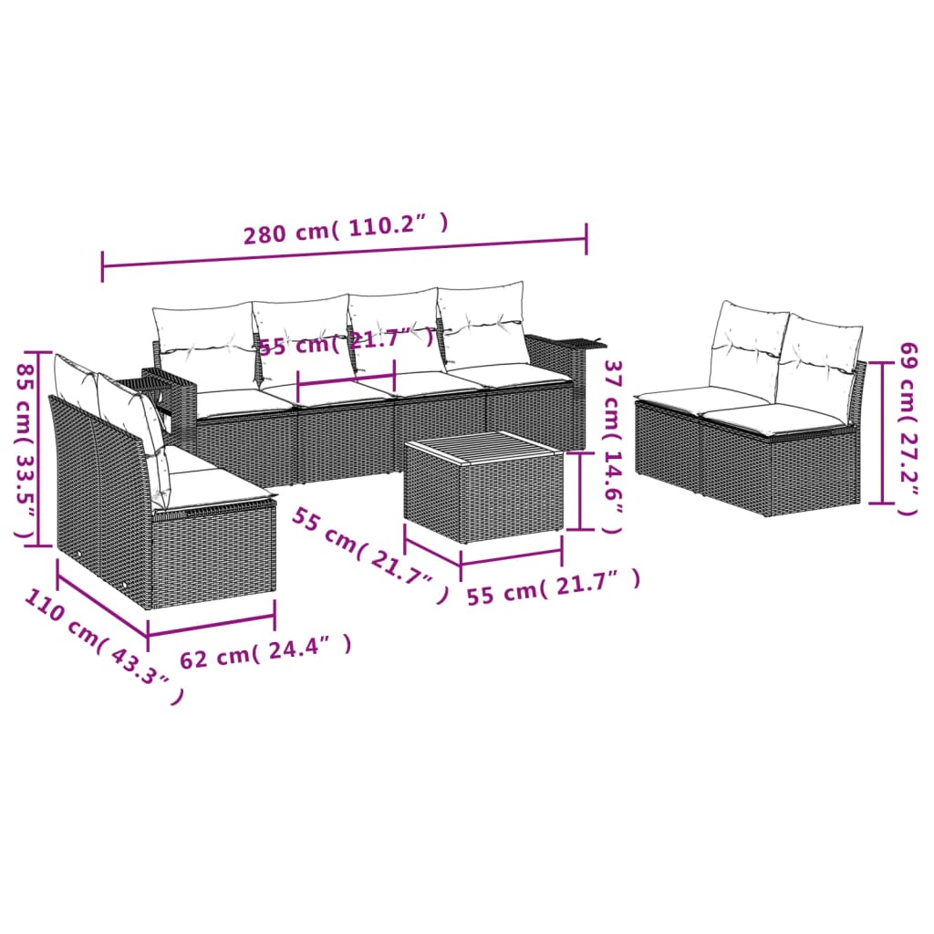 9 Piece Garden Sofa Set with Cushions Black Poly Rattan