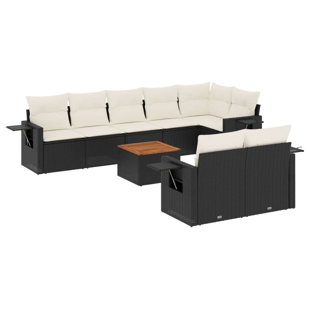 9 Piece Garden Sofa Set with Cushions Black Poly Rattan