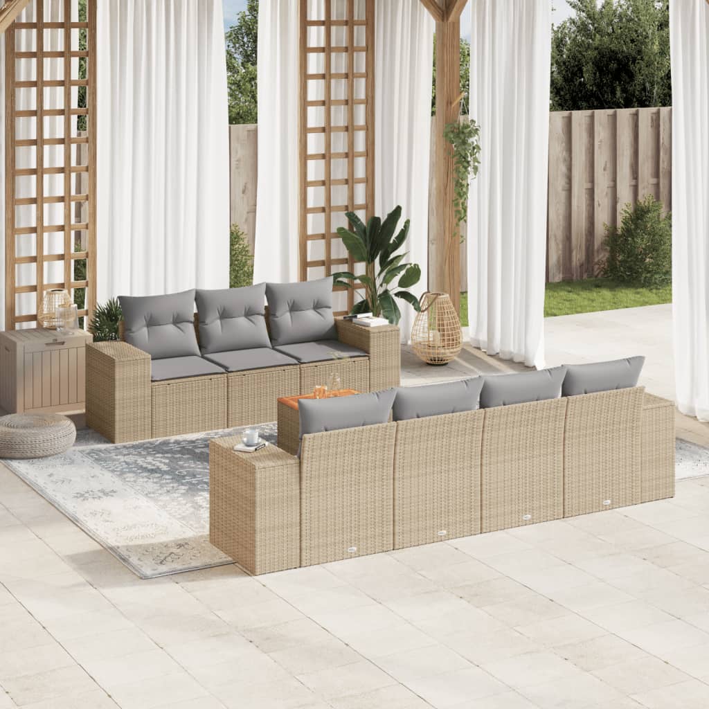 8 Piece Garden Sofa Set with Cushions Beige Poly Rattan