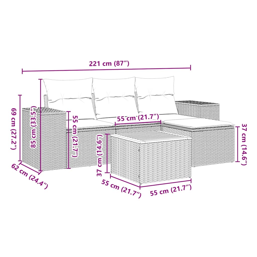 5 Piece Garden Sofa Set with Cushions Black Poly Rattan