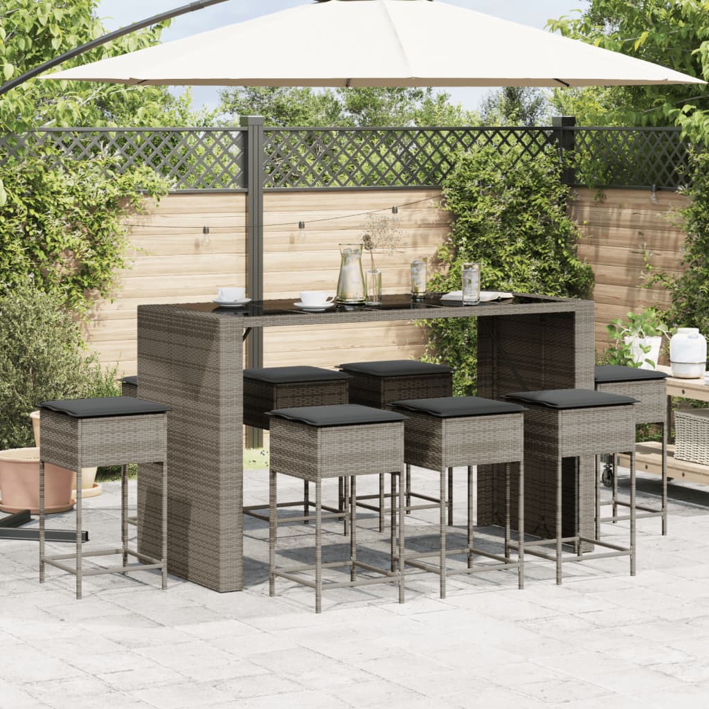 9 Piece Garden Bar Set with Cushions Grey Poly Rattan