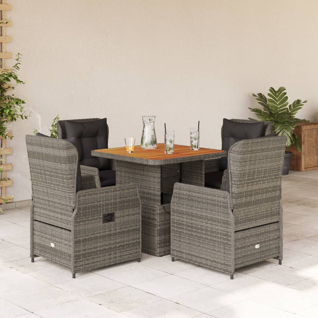 5 Piece Garden Dining Set with Cushions Grey Poly Rattan