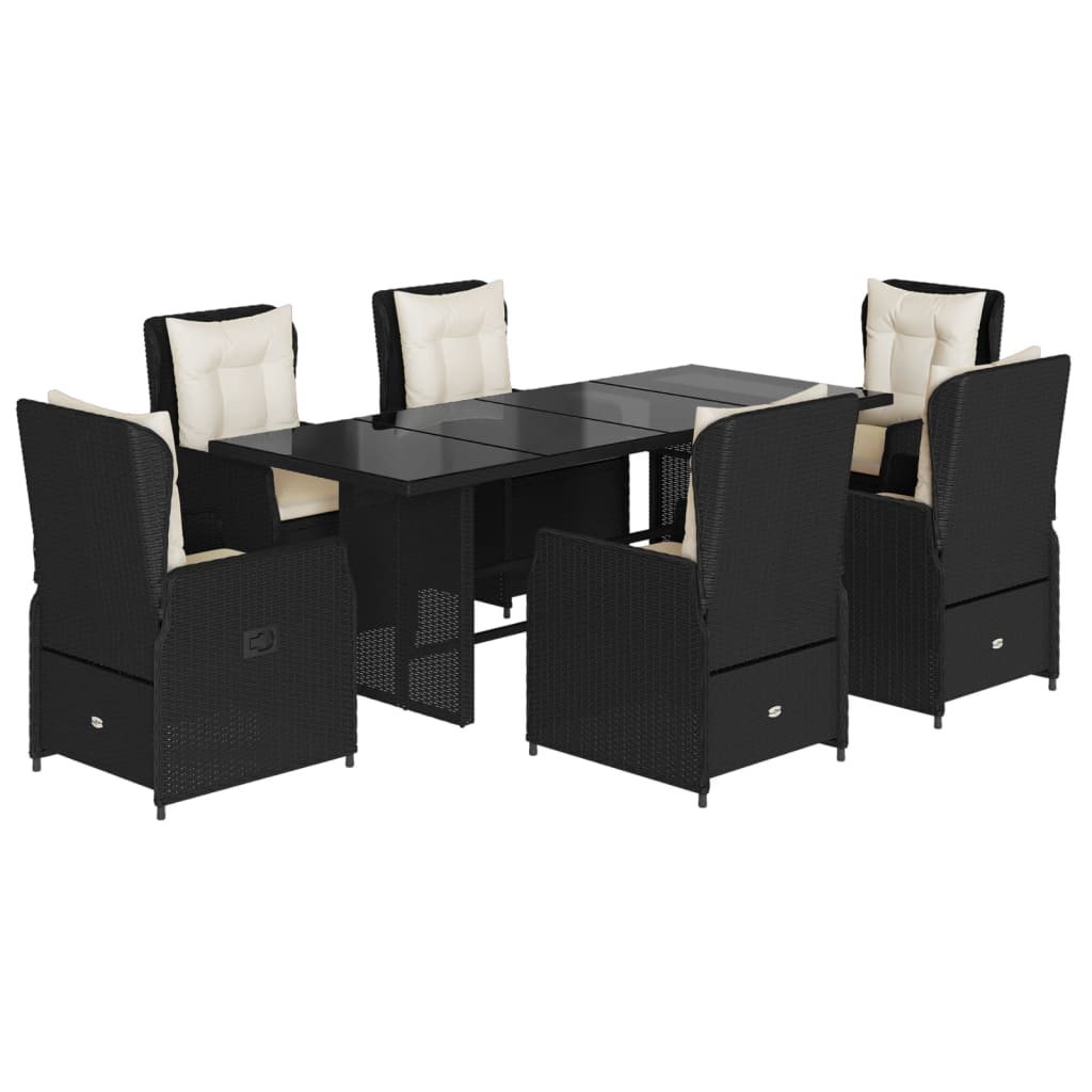 7 Piece Garden Dining Set with Cushions Black Poly Rattan