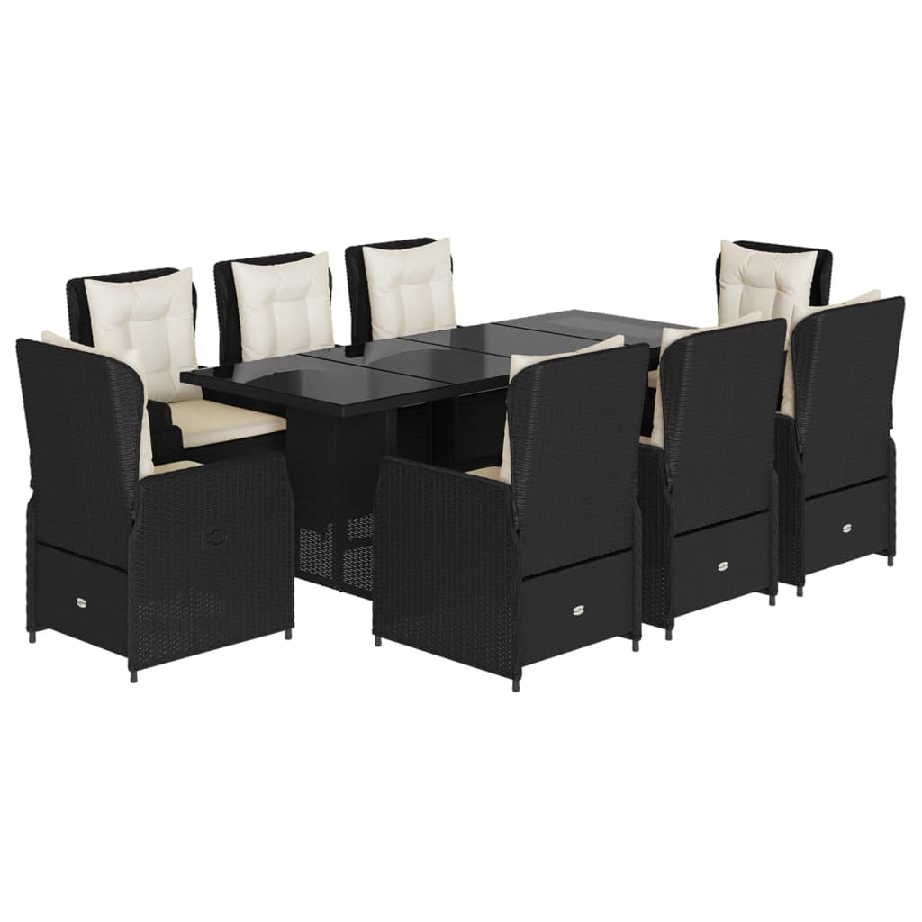 9 Piece Garden Dining Set with Cushions Black Poly Rattan