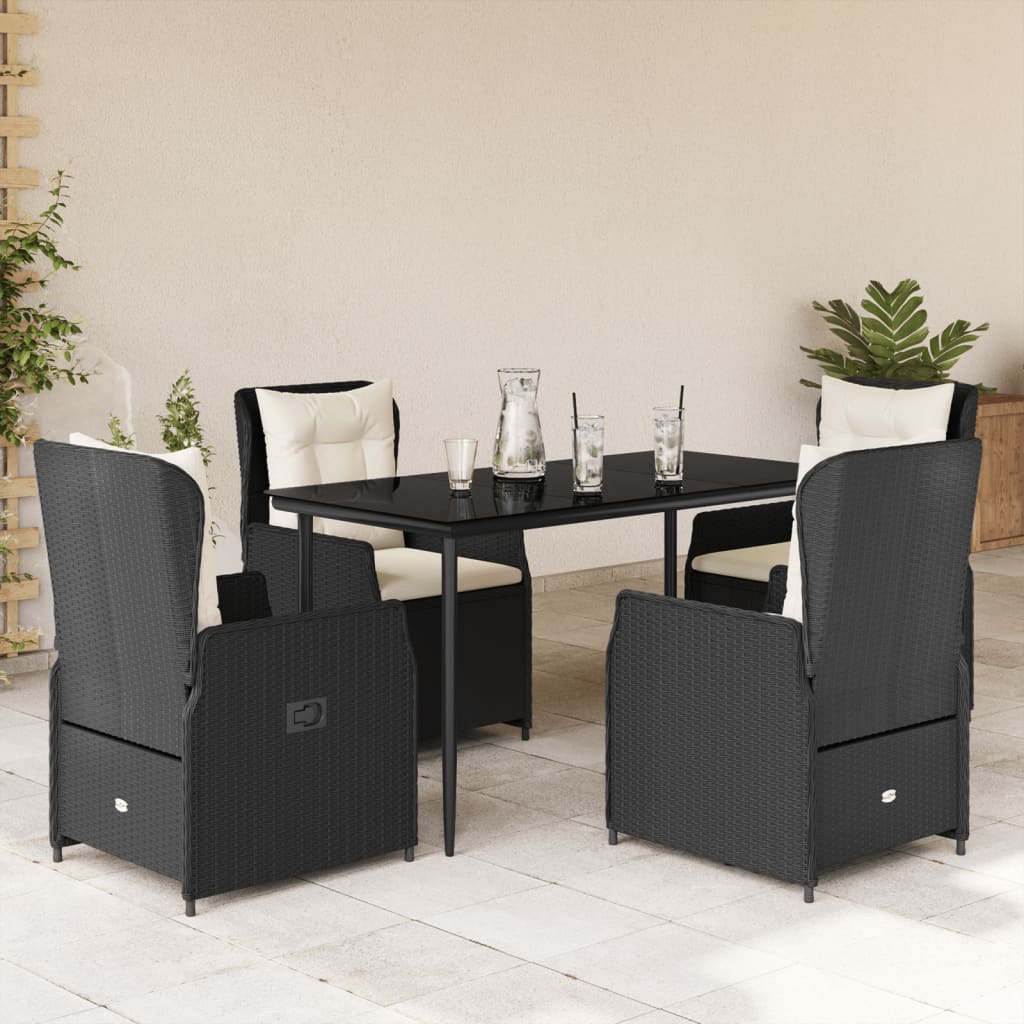 5 Piece Garden Dining Set with Cushions Black Poly Rattan