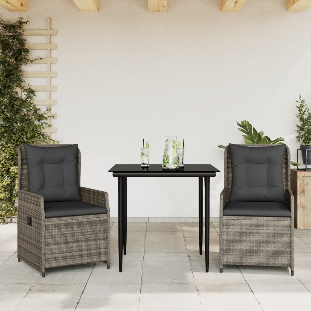 3 Piece Garden Dining Set with Cushions Grey Poly Rattan