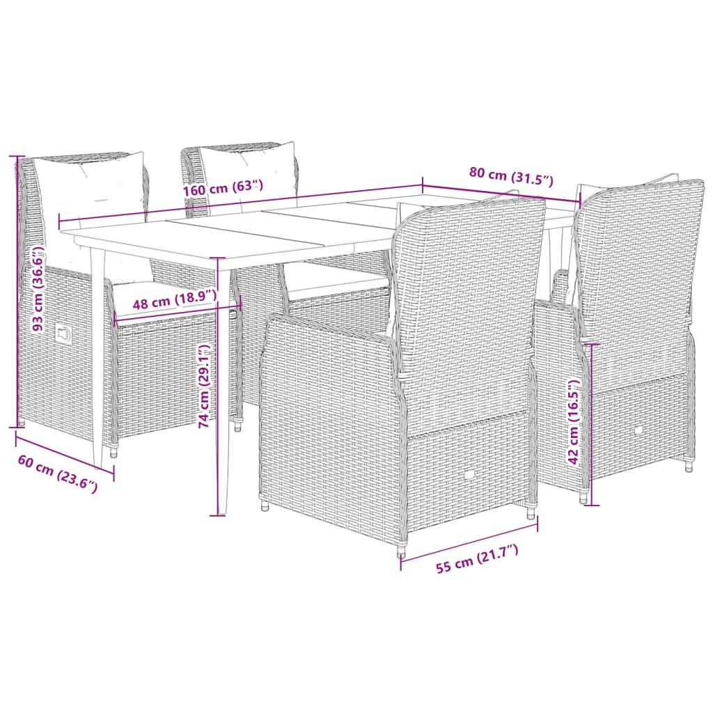 5 Piece Garden Dining Set with Cushions Grey Poly Rattan