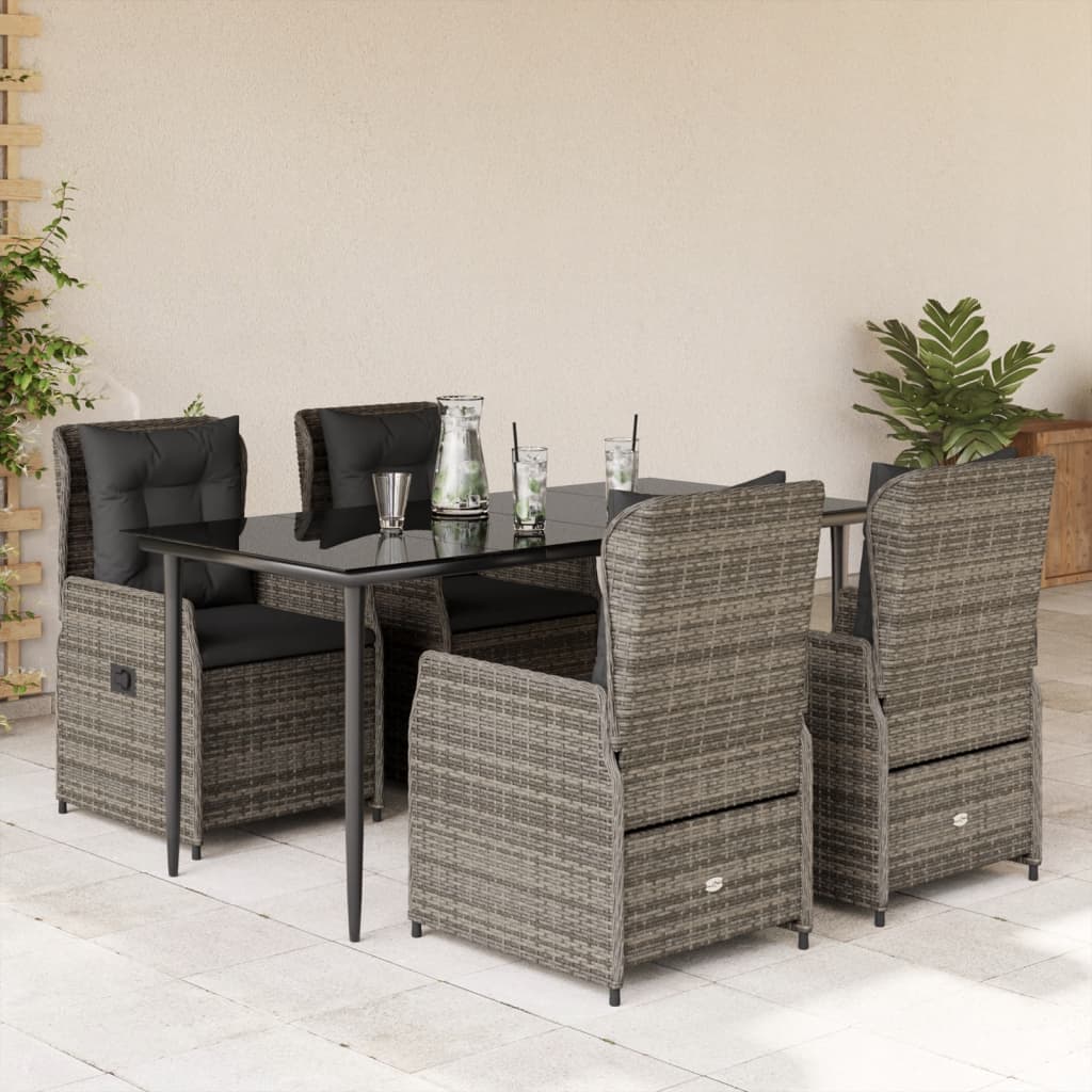 5 Piece Garden Dining Set with Cushions Grey Poly Rattan
