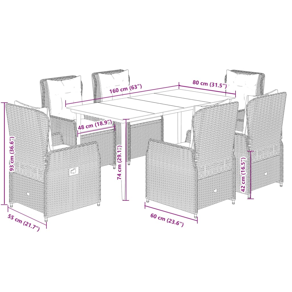 7 Piece Garden Dining Set with Cushions Grey Poly Rattan
