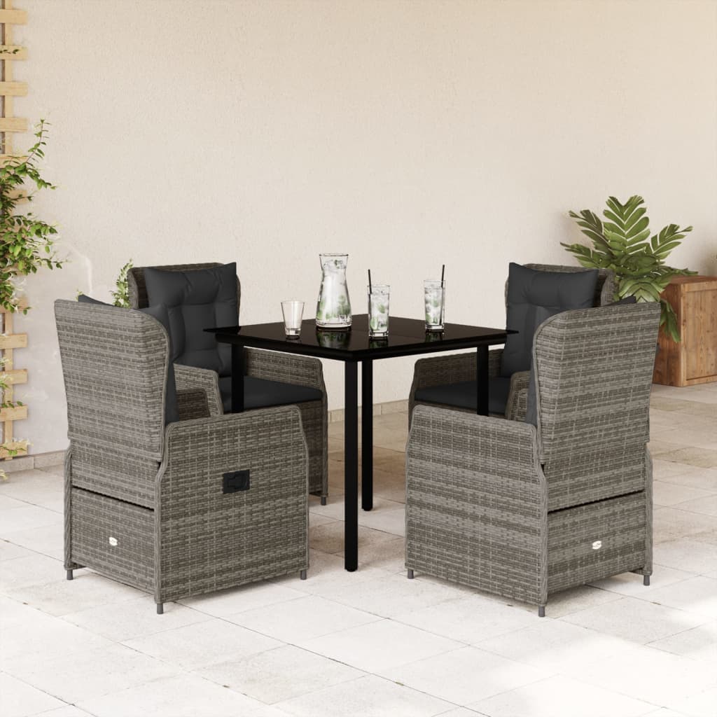 5 Piece Garden Dining Set with Cushions Grey Poly Rattan