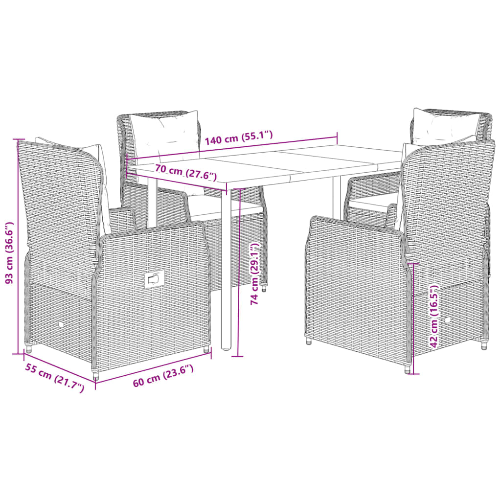 5 Piece Garden Dining Set with Cushions Grey Poly Rattan