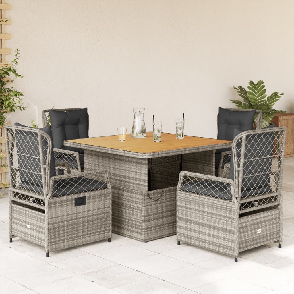 5 Piece Garden Dining Set with Cushions Grey Poly Rattan