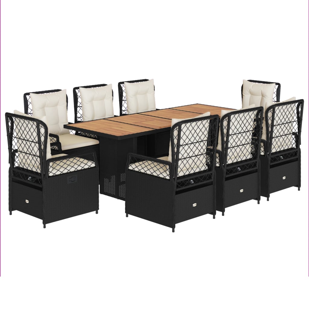 9 Piece Garden Dining Set with Cushions Black Poly Rattan