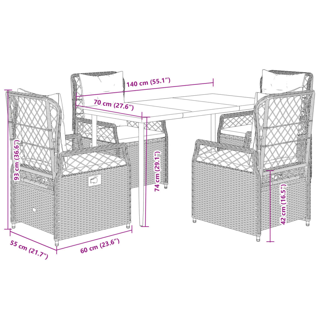 5 Piece Garden Dining Set with Cushions Black Poly Rattan