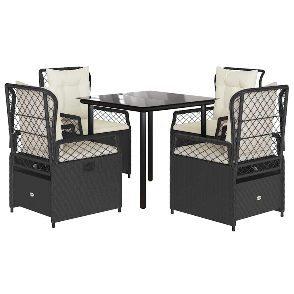 5 Piece Garden Dining Set with Cushions Black Poly Rattan