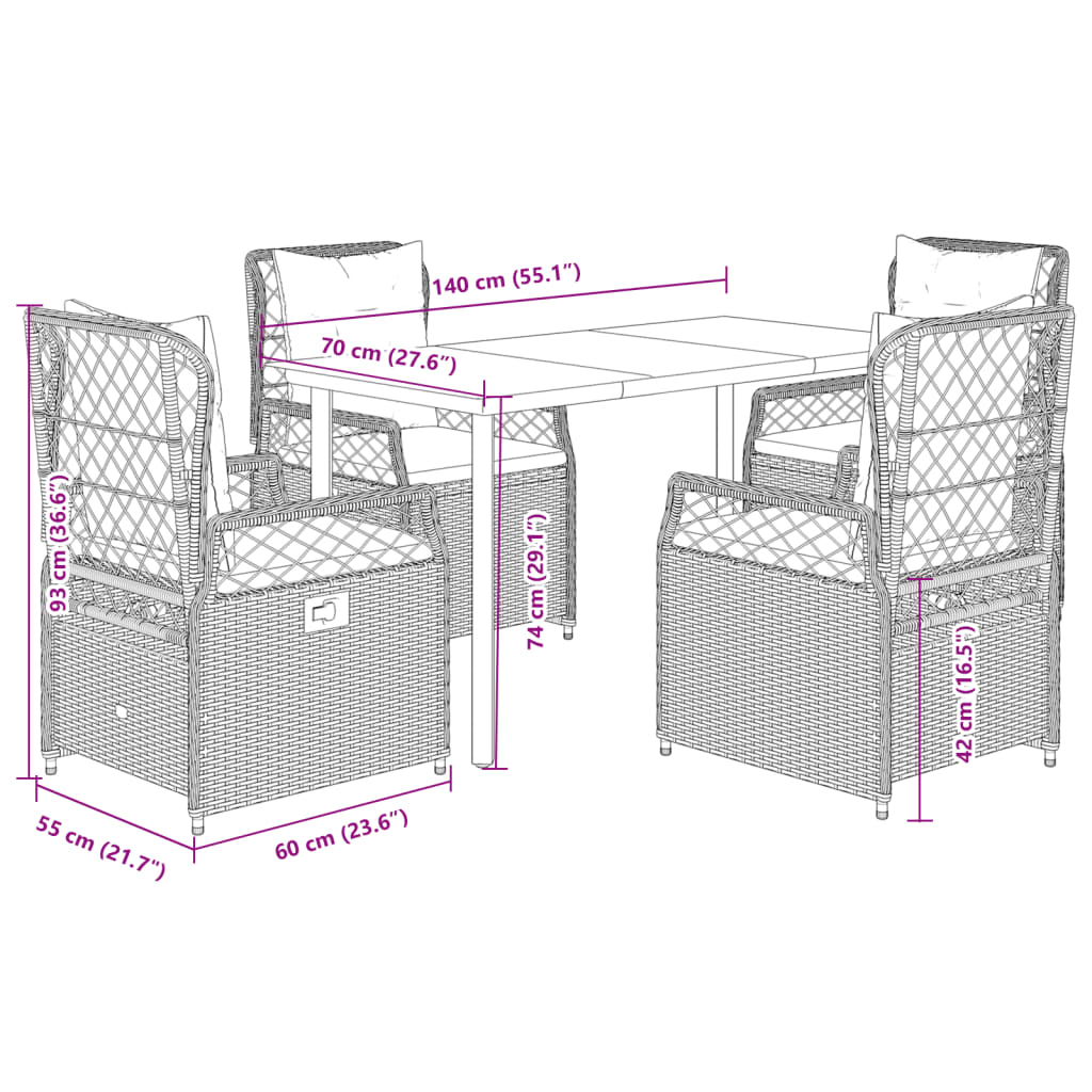 5 Piece Garden Dining Set with Cushions Black Poly Rattan