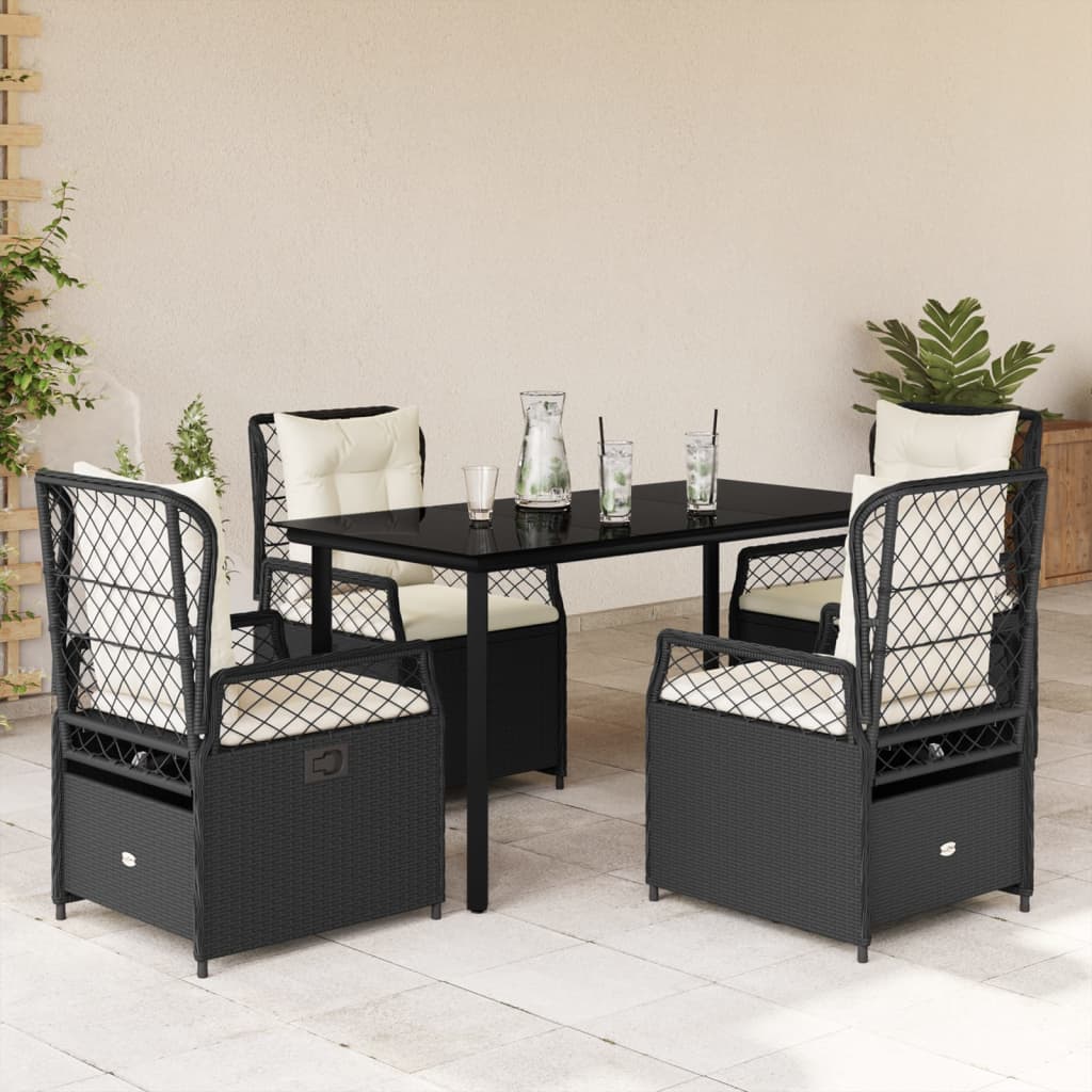 5 Piece Garden Dining Set with Cushions Black Poly Rattan