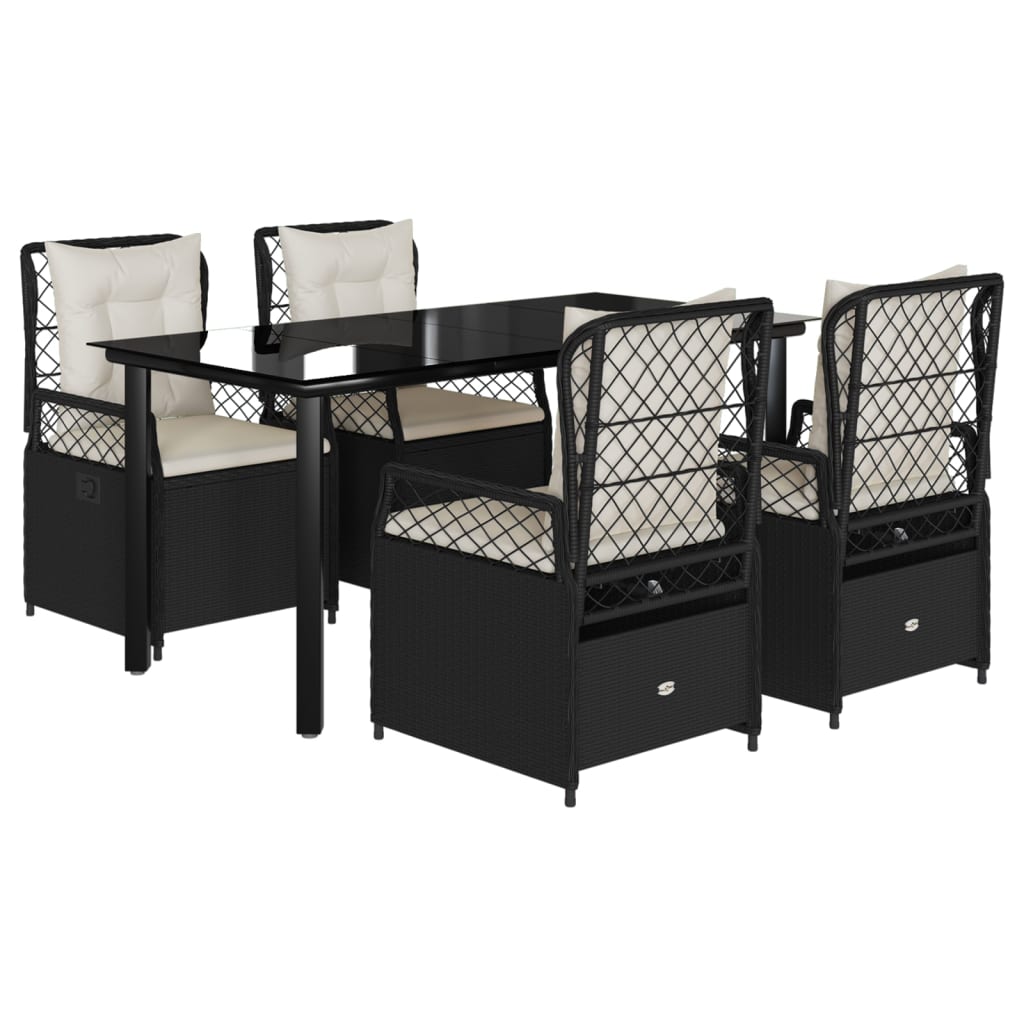 5 Piece Garden Dining Set with Cushions Black Poly Rattan