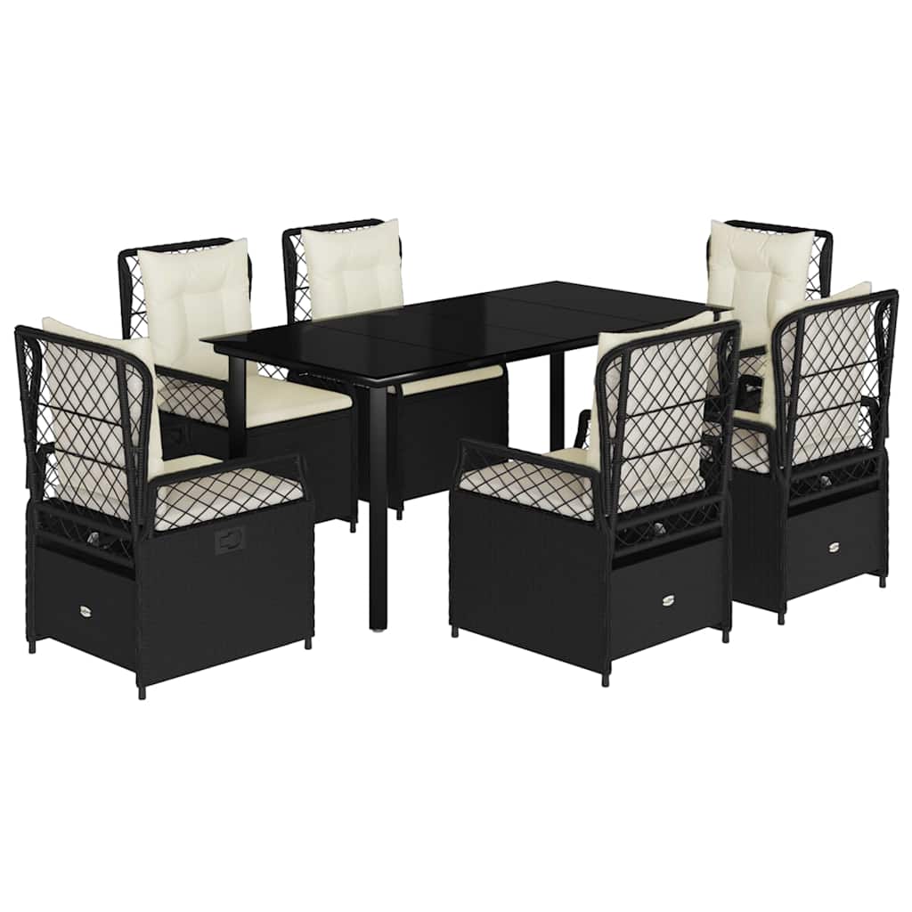7 Piece Garden Dining Set with Cushions Black Poly Rattan