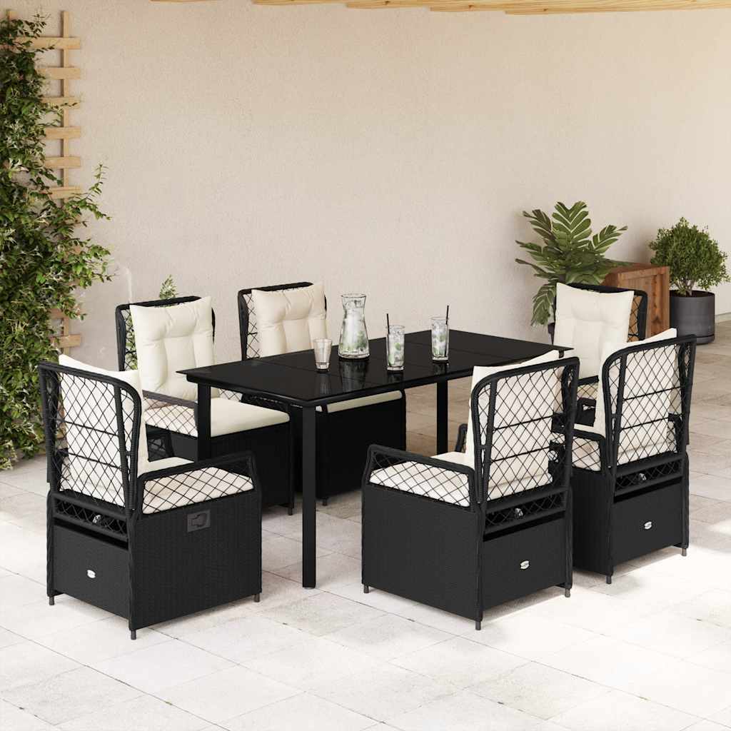 7 Piece Garden Dining Set with Cushions Black Poly Rattan