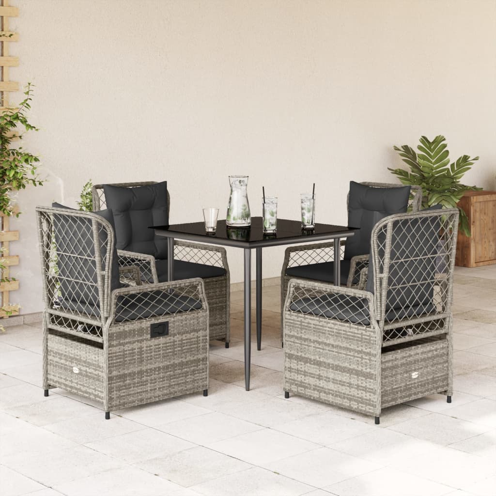 5 Piece Garden Dining Set with Cushions Grey Poly Rattan