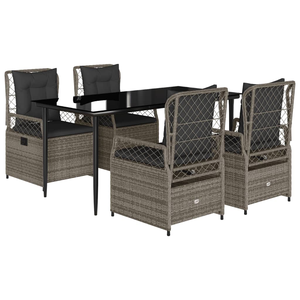 5 Piece Garden Dining Set with Cushions Grey Poly Rattan